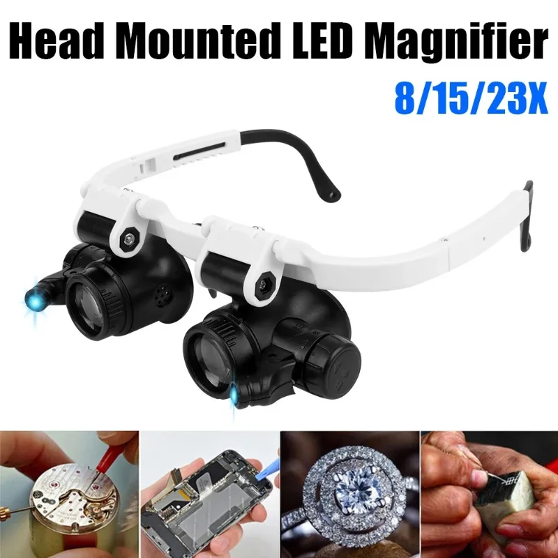 Glasses Magnifier LED Lights For Electronics Watch Repair Dual-Lens Eye Loupe Magnifier 8x 15x 23x Head Mount Magnifying Glass