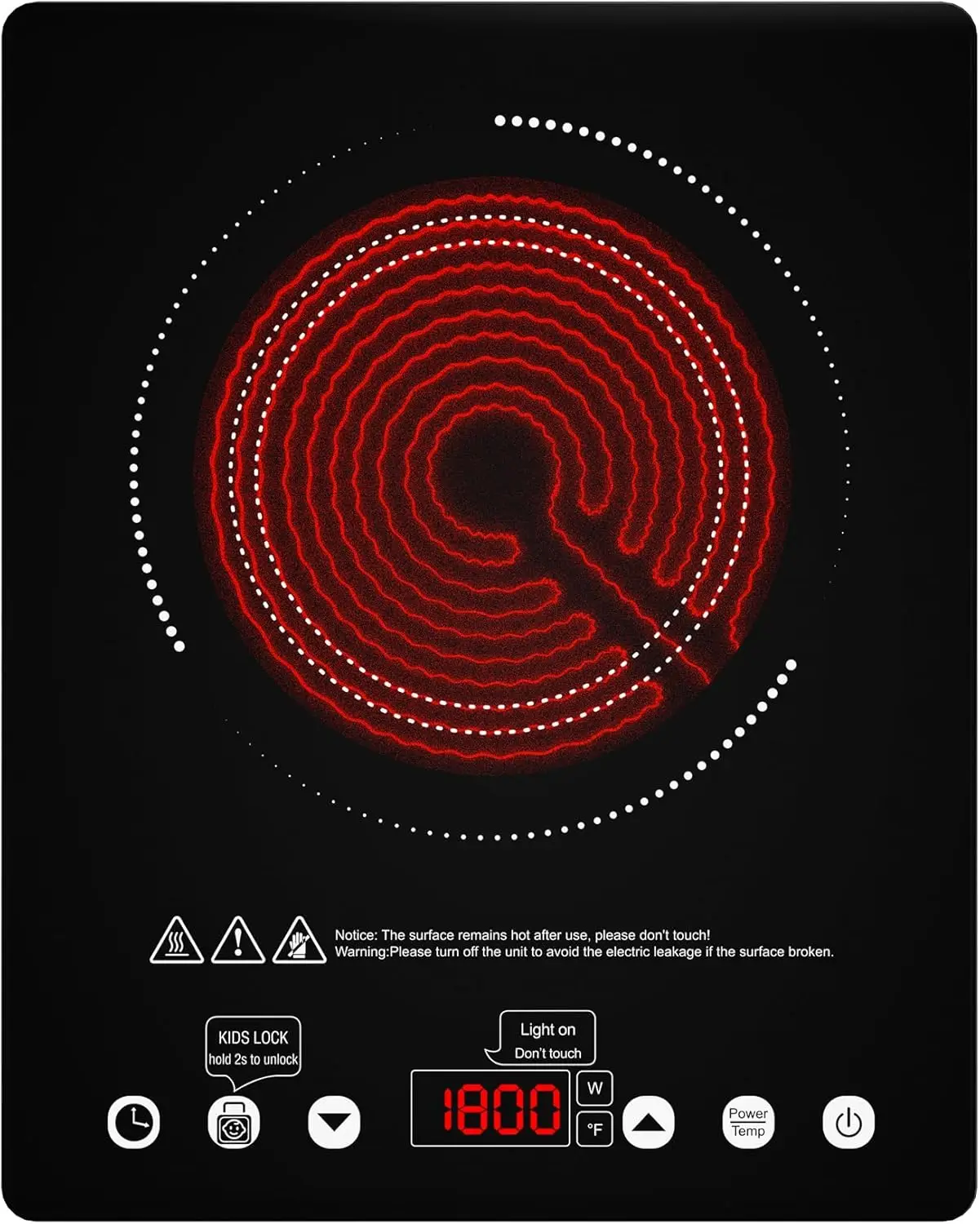 

1800W Portable Electric Cooktop, Infrared Hot Plate, 110V, Countertop Stove with Timer, 9 Heat Levels, Child Safety Lock