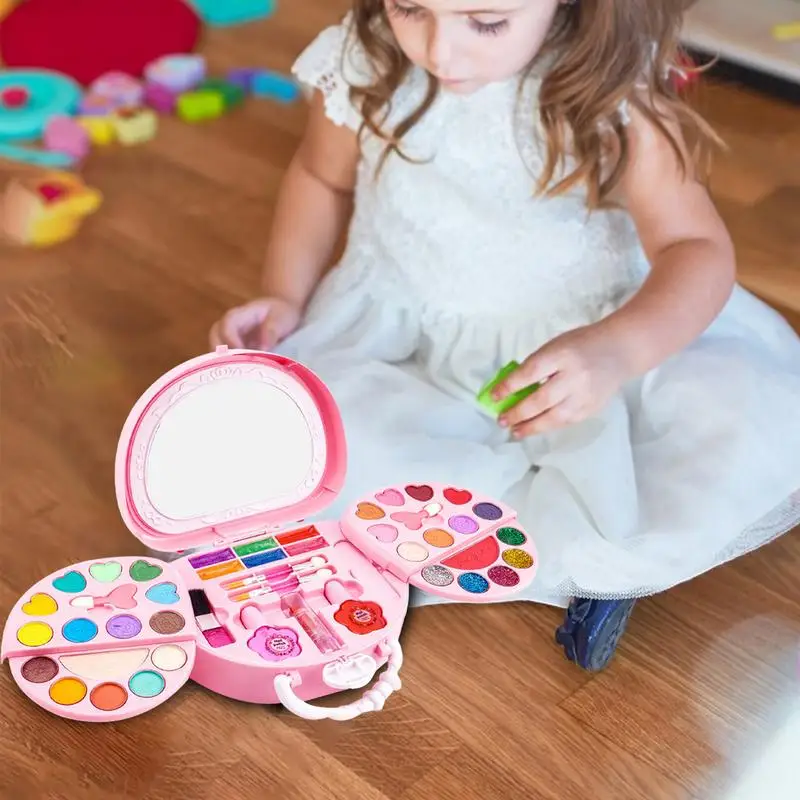 Juegos de maquillaje para niños y niñas, kits de maquillaje lavables de princesa, juego de belleza de imitación rosa, juguetes de maquillaje seguros y portátiles reales para niños pequeños