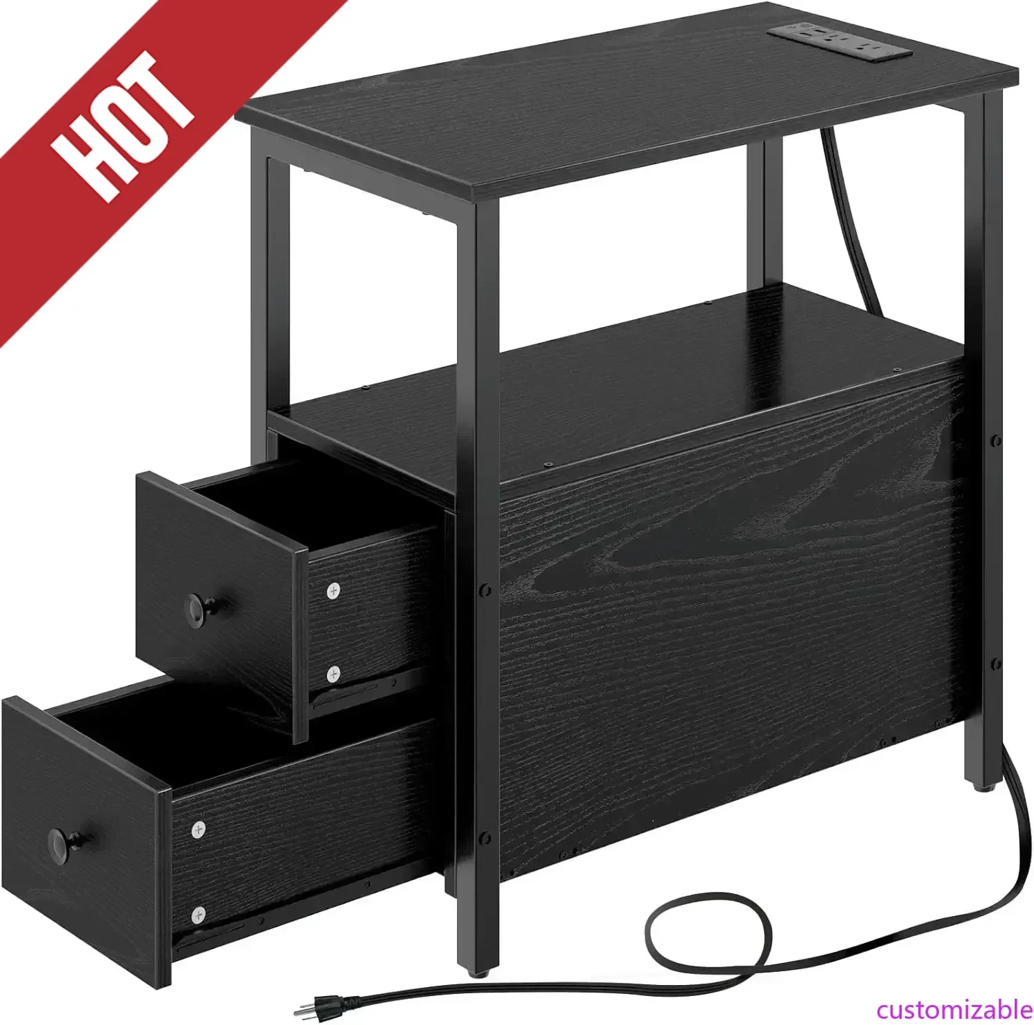 Customizable-End Table With Charging Station, Narrow Side Table With 2 Wooden Drawers, USB Ports And Power Outlets, Nightstand S