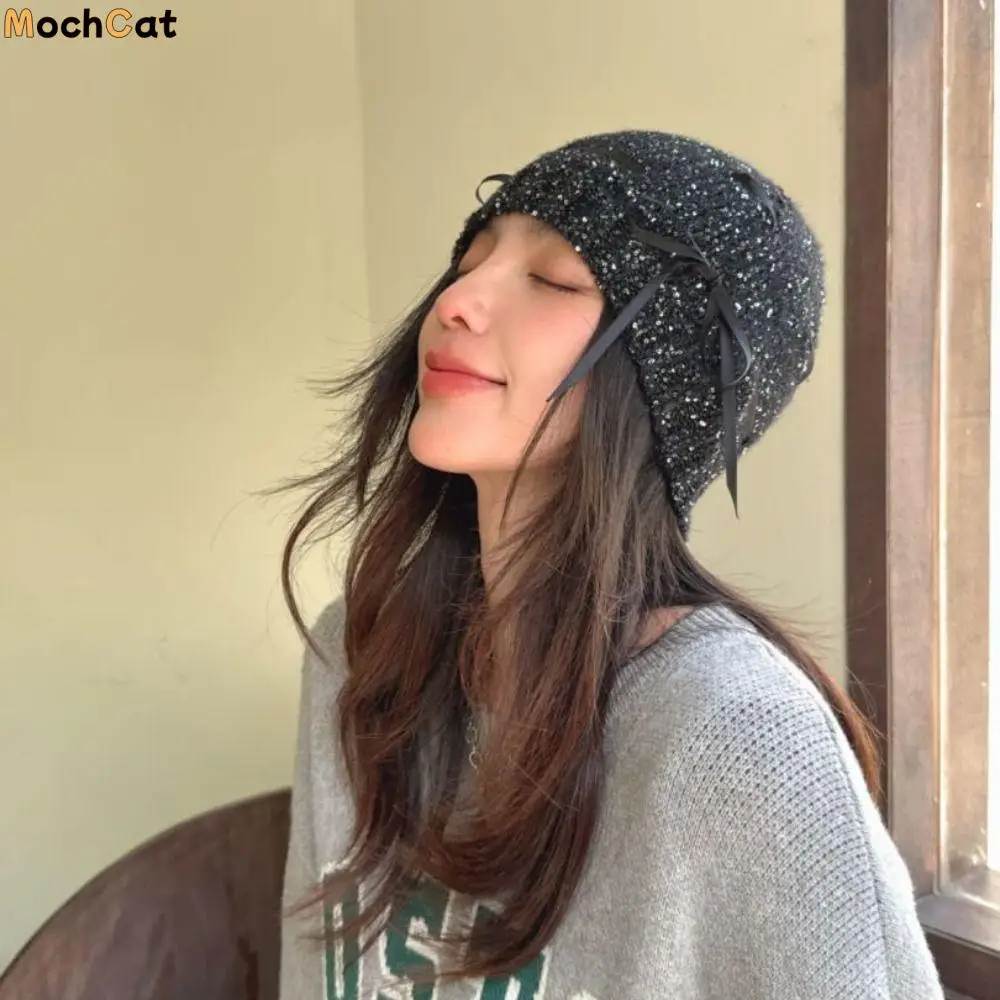 Casual Bow Bowknot Beanies Hat Warm Cap Black Sequin Knitted Hat Wool Hat Beanies Knit Cap Autumn