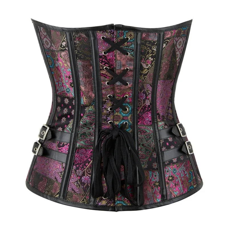 Steampunk Corsets and Bustiers Plus Size Purple Leather Corset Steel Bone Spiral Tops Chain Gothic Vintage Outwear Corselet image 6