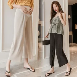 FjThin-Pantalon Plissé Femme Enceinte, Jambes Larges, Coupe Botte de Grossesse, Taille Haute, Longueur au Sol, Mode Été