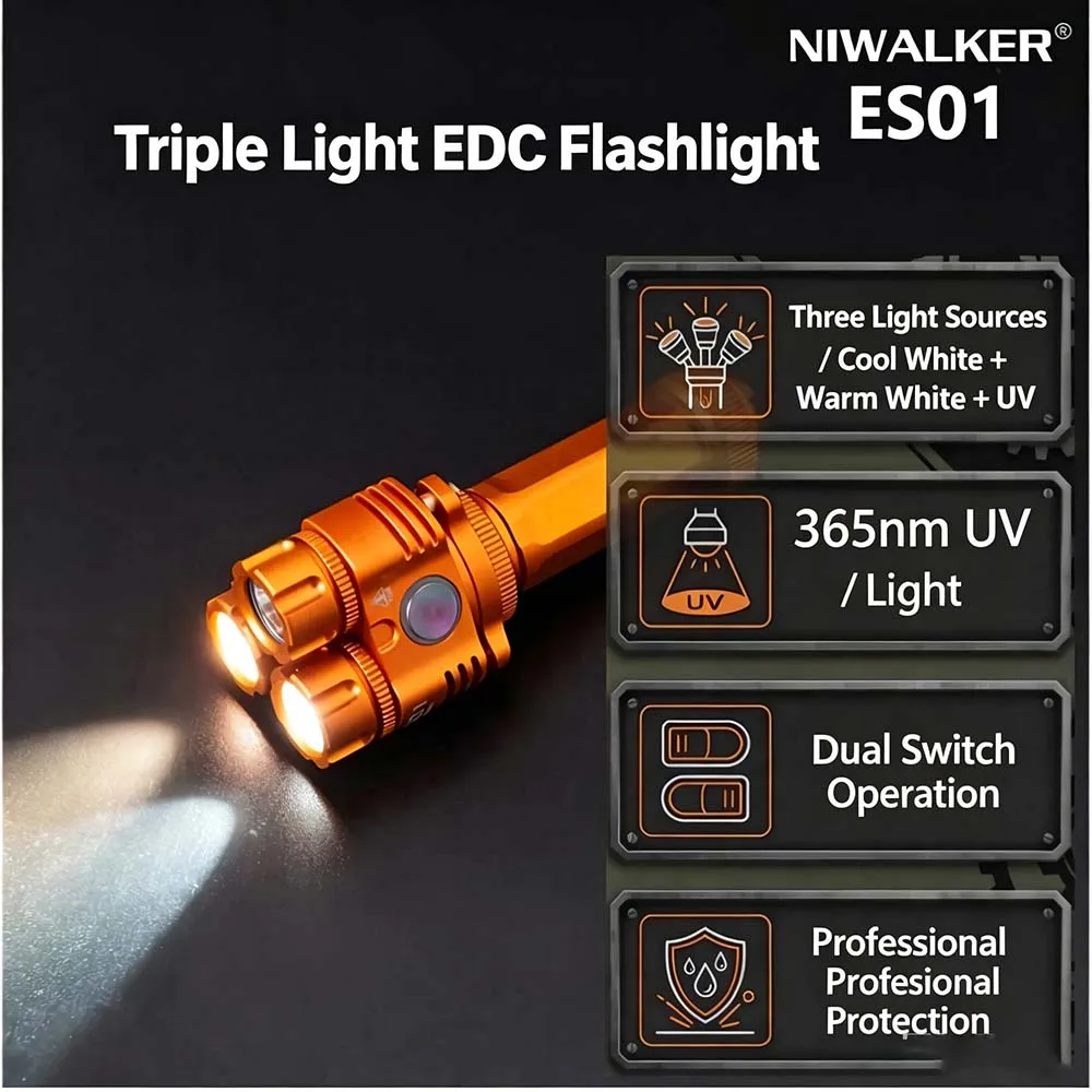 Niwalker ES01 Three Light Sources EDC Flashlight CW NW 365nm UV 850 Lumens Mini Pocket Torch Aluminum Design DEC for Camping