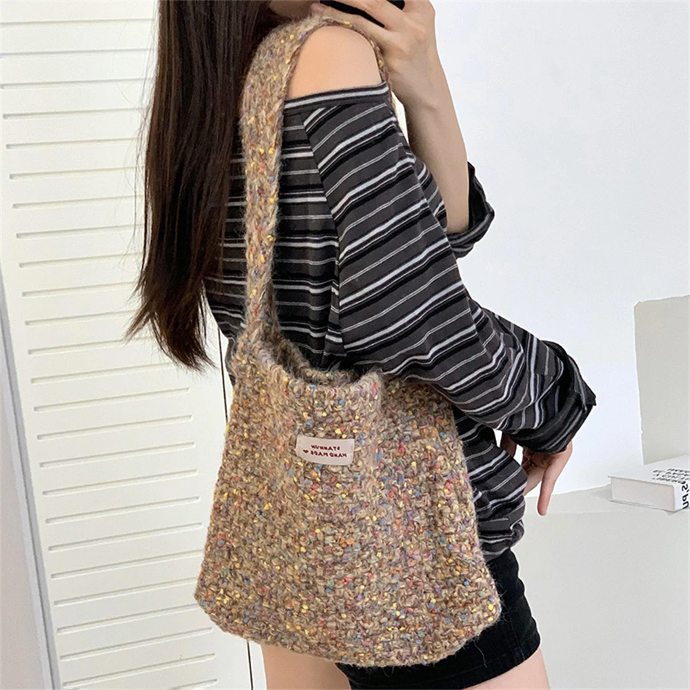 Women's Chunky Wool Knitting Handbag Wool Blend Tote Weaving Shopping Bags Fashion Winter Crossbody Large Capacity Shoulder Bag