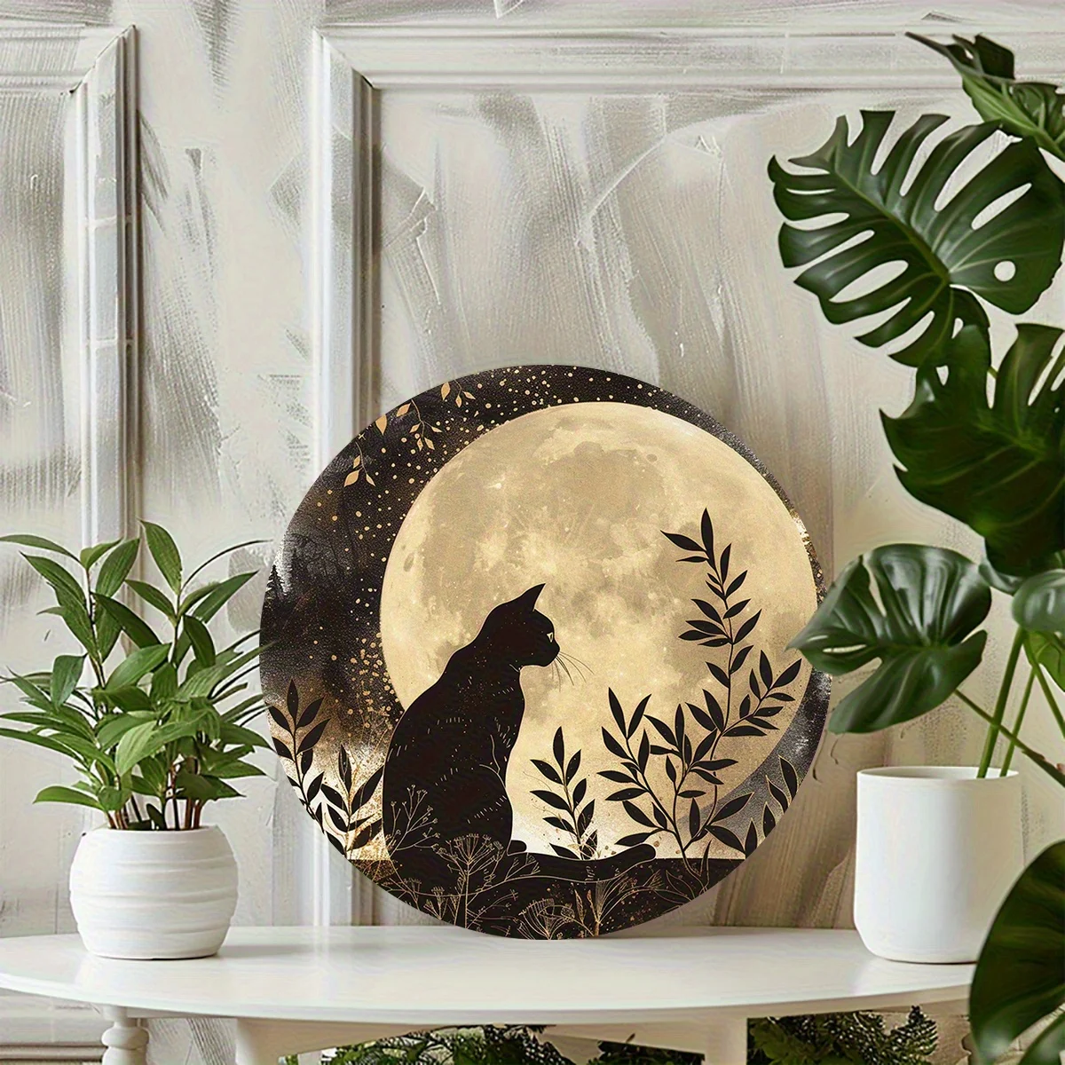 [2D Flat] Vintage Black Cat Moon Metal Wall Art - 20.32cm Aluminum Decorative Plaque, Waterproof with Pre-Drilled Holes, Ideal f