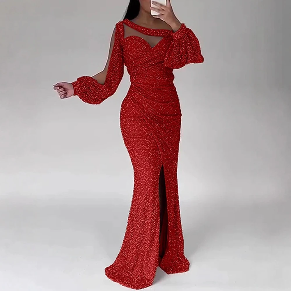 ชุดเดรสยาวหรูหราสำหรับงานปาร์ตี้ ประดับเลื่อม คอเสื้อแบบไม่สมมาตร แขนทรงกระดิ่ง ทรงเข้ารูป ผ่าข้าง ดีไซน์ทันสมัย สง่างาม