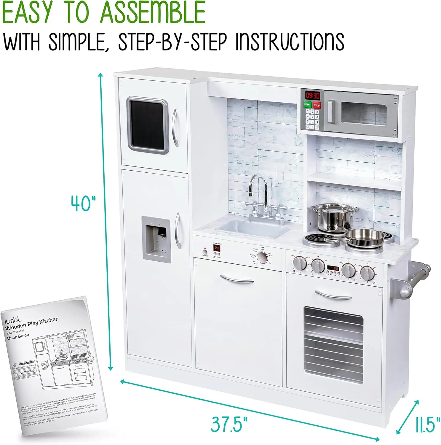 Kids Kitchen Set, Pretend Wooden Play Kitchen, Battery Operated Icemaker & Microwave with Realistic Sound, Pots & Pan Included -