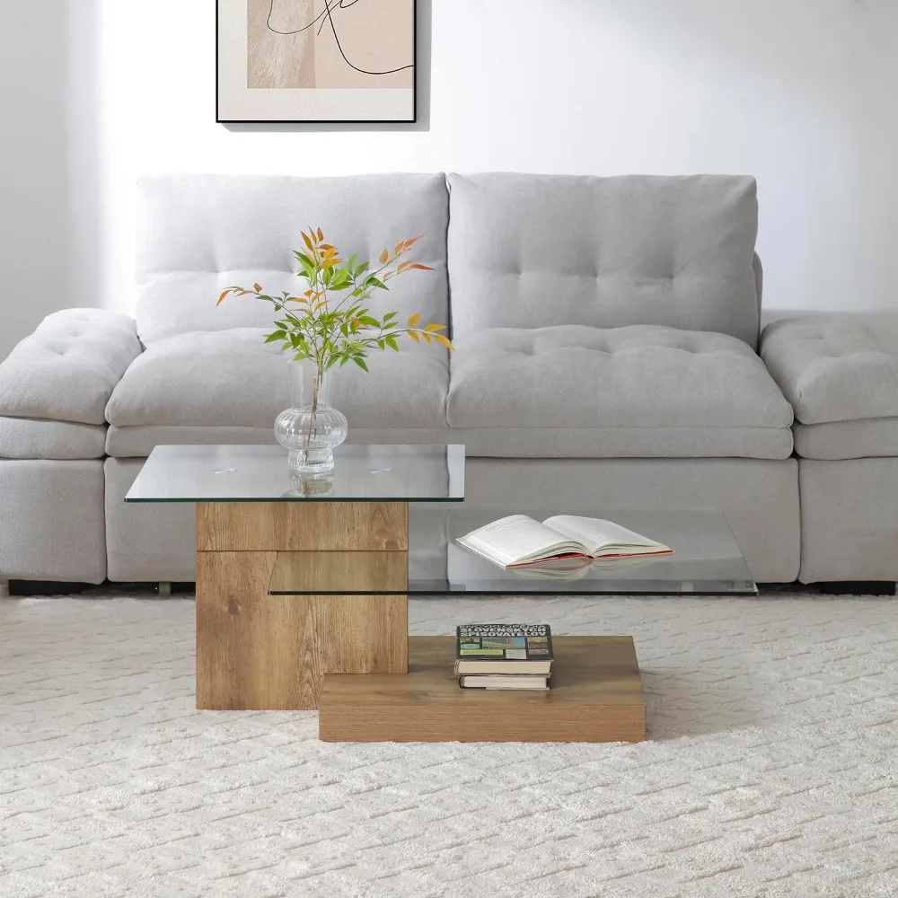 

Glass Coffee Table with Storage, 44 Inch Rectangular Coffee Tables for Living Room, 3-Tier Tempered Glass Wooden Center Table Mo