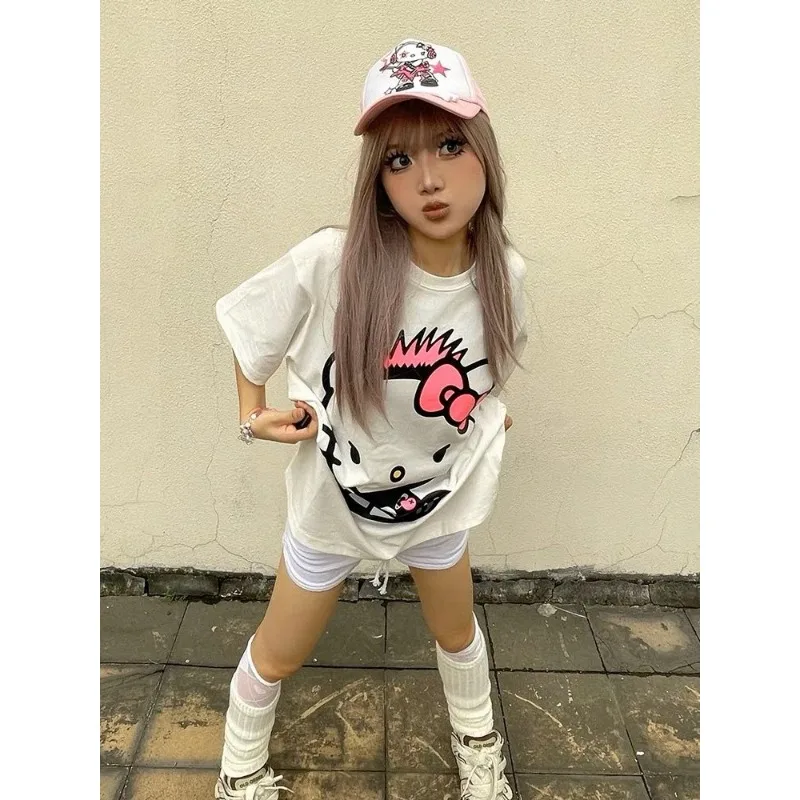 Sanrio HelloKitty kobiety z krótkim rękawem 2024 lato nowa bawełniana koszulka Y2K słodkie topy damskie figurki Anime Streetwear