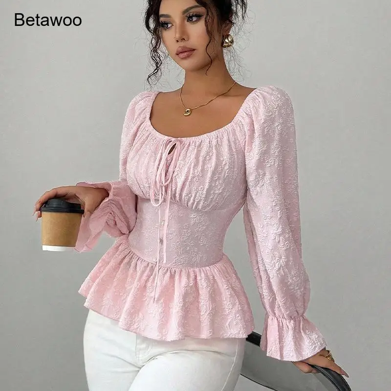 Women Pink Jacquard Peplum Blouse with Square Neck and Puffed Long Sleeves Casual Office Wear