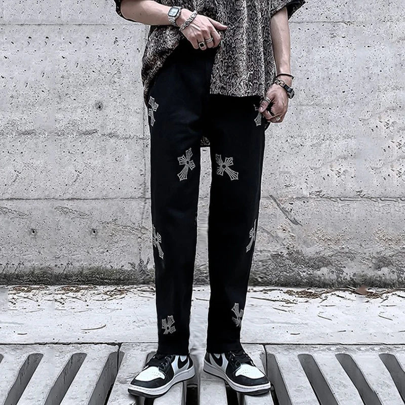 Men\'s Black Stretchy Jeans Skinny Slim Fit Hot Drill Punk Streetwear Hip hop Rap Biker Trousers Men Letter Denim Pencil Pants