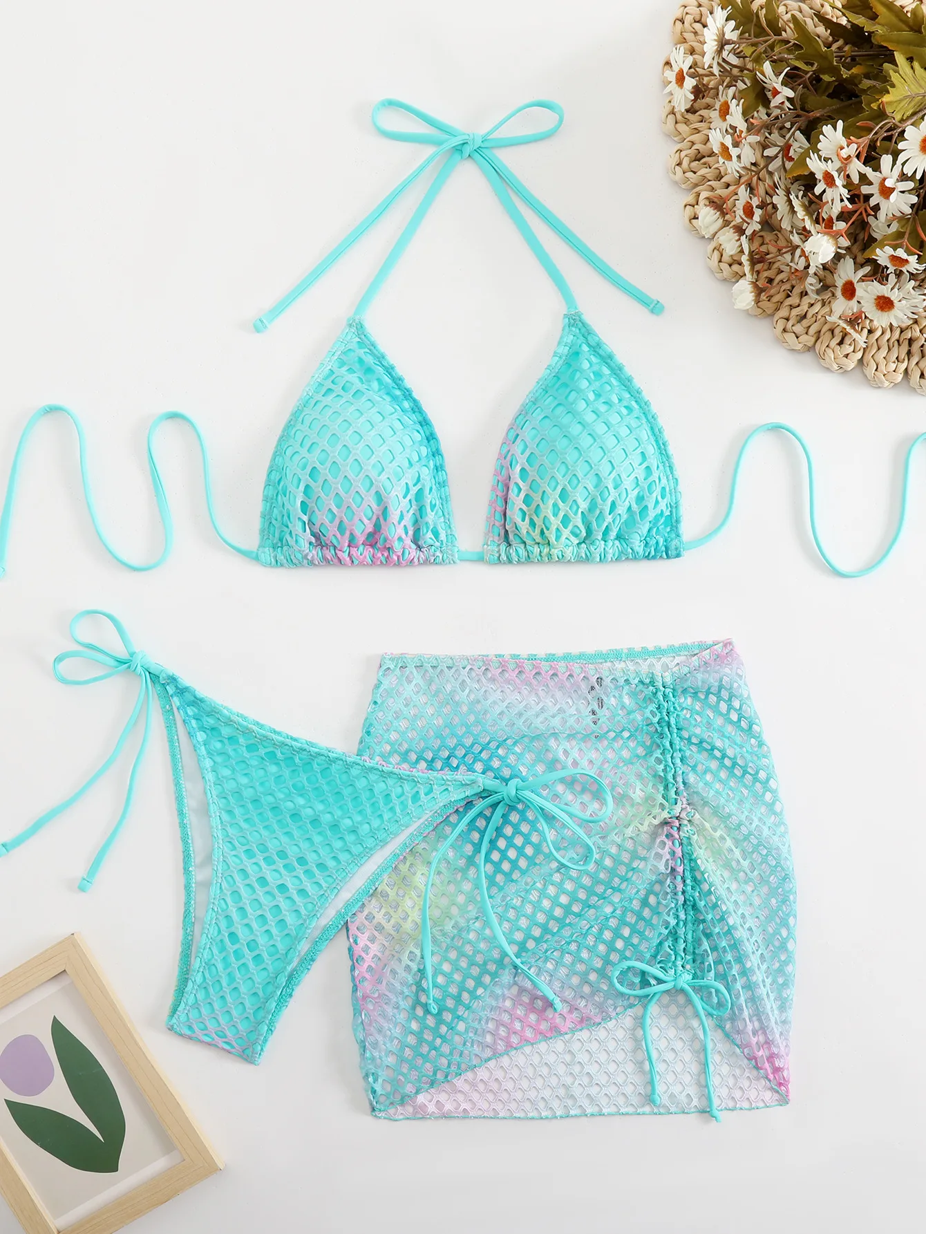 S - XL مع تنورة الرسن بيكيني الإناث ملابس السباحة النساء ثلاث قطع مجموعة البكيني الجوف خارج الاستحمام ثوب السباحة بحر