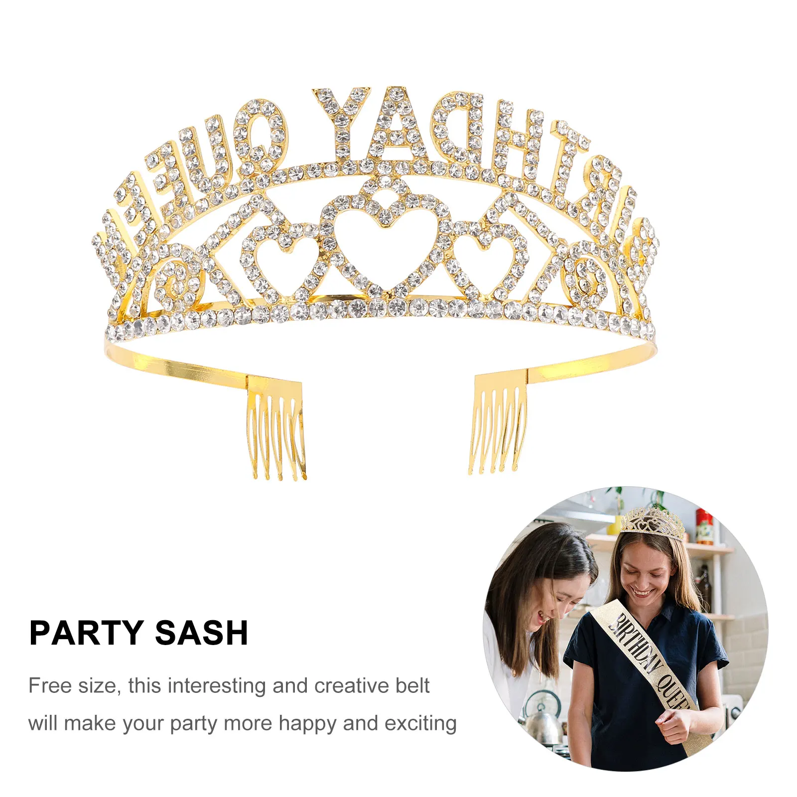 

2Pcs Crown Hair Hoop Birthday Party Sash Decorative Makeup Rhinestones Etiquette Belt Regal Style