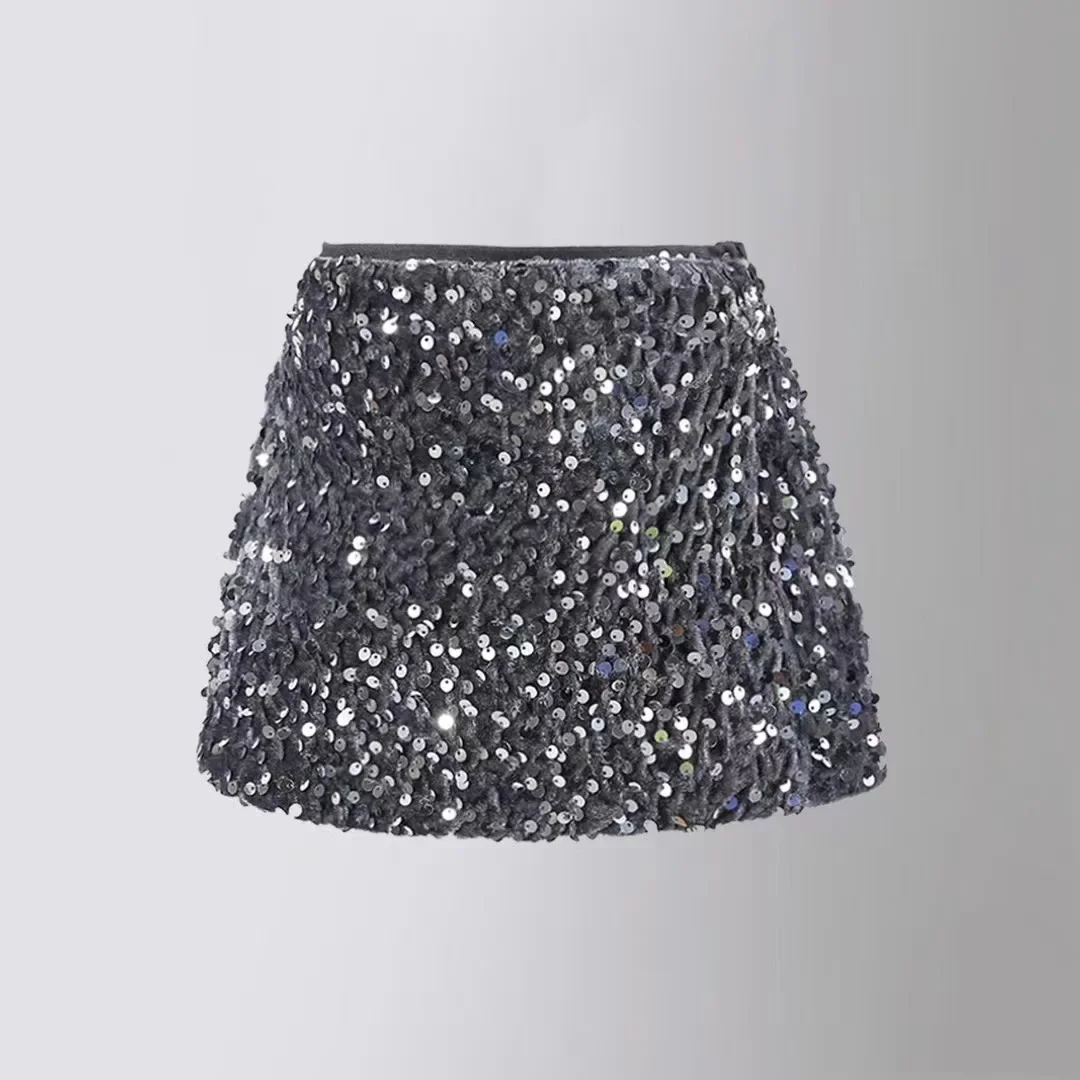 

Girls Sequin Skirt Spring Autumn Fashion Grey Elastic Waist Teenage Streetwear Dance A-line Short Skirt for Kids 10 12 13 Years