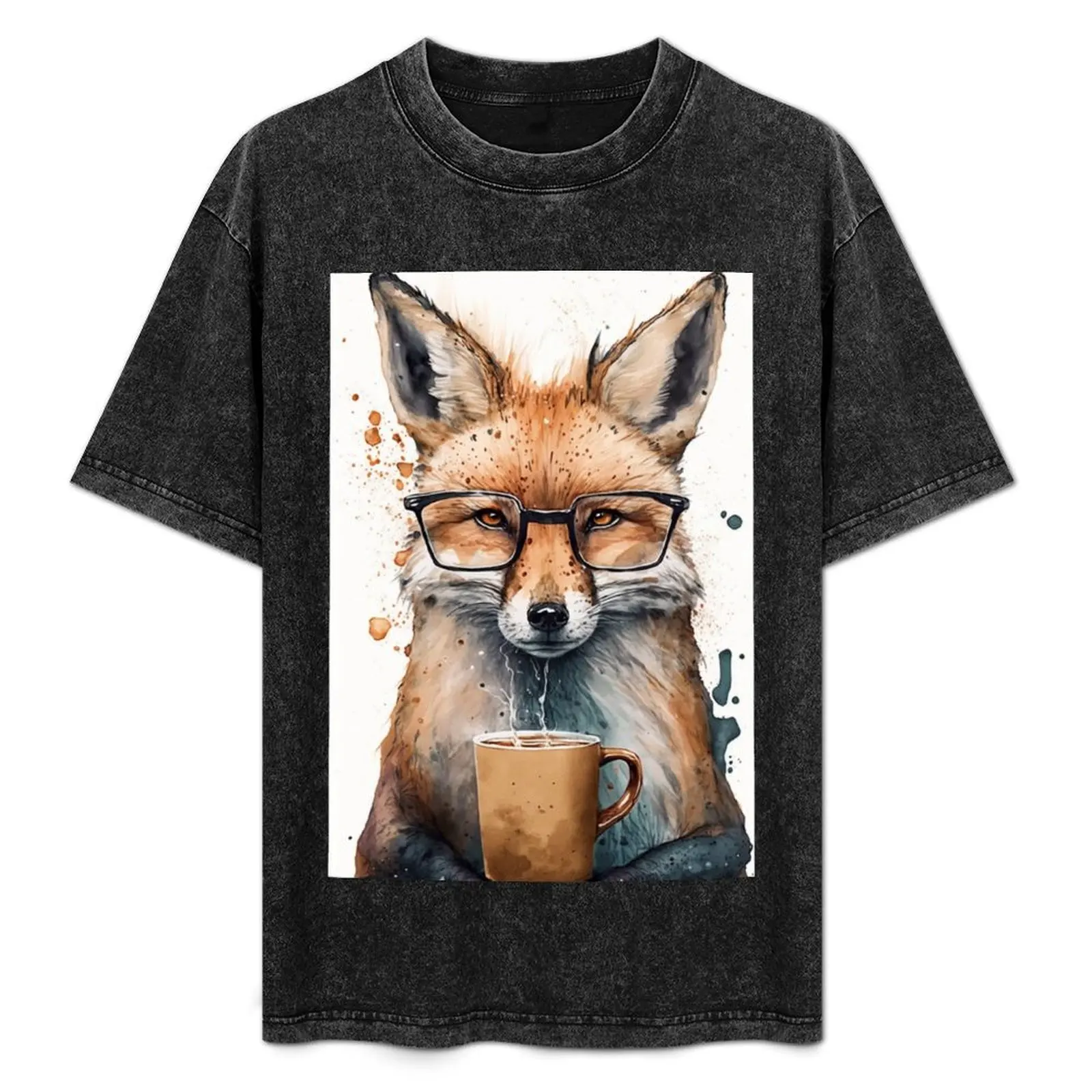 

Cute fox drinking coffee, watercolor portrait T-Shirt vintage man clothes essential t shirt outfits for men
