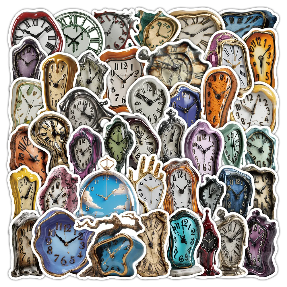 50 Stück Surreale Schmelzende Uhr-Aufkleber im Salvador-Dali-Stil, Vinyl-Sticker, Wasserfest für Laptop, Wasserflasche, Koffer, Scrapbooking