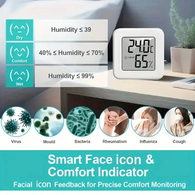 Miniature indoor temperature and humidity gauge, electronic digital display, shows both humidity and temperature.