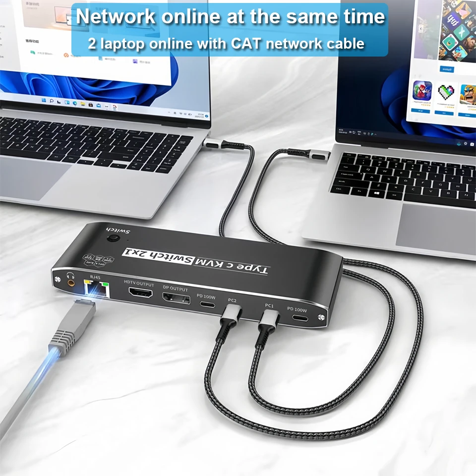 Navceker 2x1 8K Thunderbolt 4 USB C KVM Switch RJ45 100W PD Charge 4K 144Hz Type C KVM Switch Switcher for 2 Computer 1 Monitor