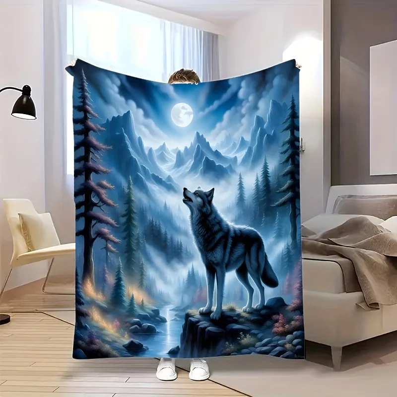Glam Style Blue Mountain Moonlit Lone Wolf Flannel Throw Blanket Warm, Machine Washable, All-Season Cozy Polyester Knit