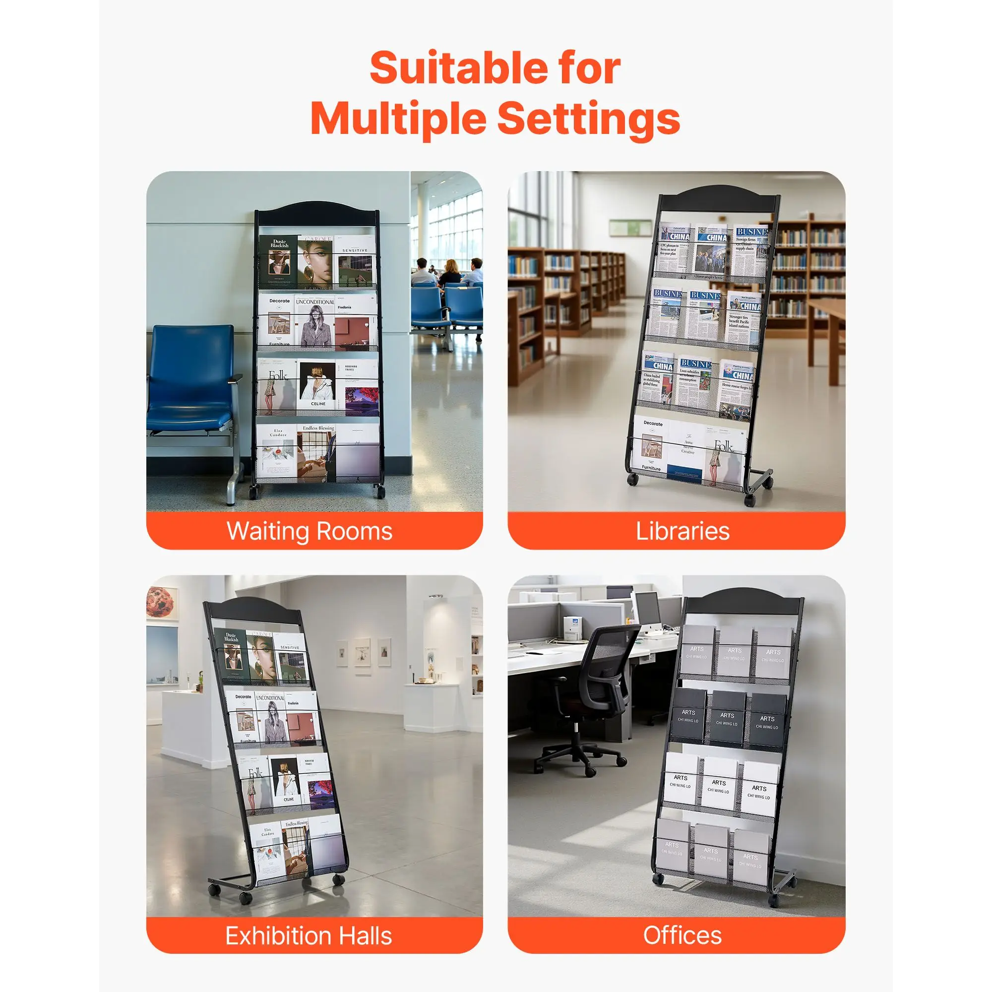 Brochure Display Rack, 4-Tier Magazine Literature Display Stand with Wheels, Movable Floor Standing Magazine Rack, Heavy Duty Newspaper Catalog Holders for Shop Exhibitions Office Craft Fairs