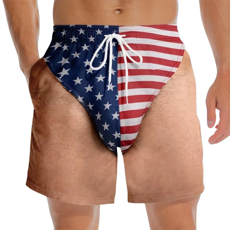 US Flag Fake Briefs 3D Beach Shorts Realistic Hairy Legs Graphic Swim Trunks Patriotic Costume Beach Shorts for Men Gift