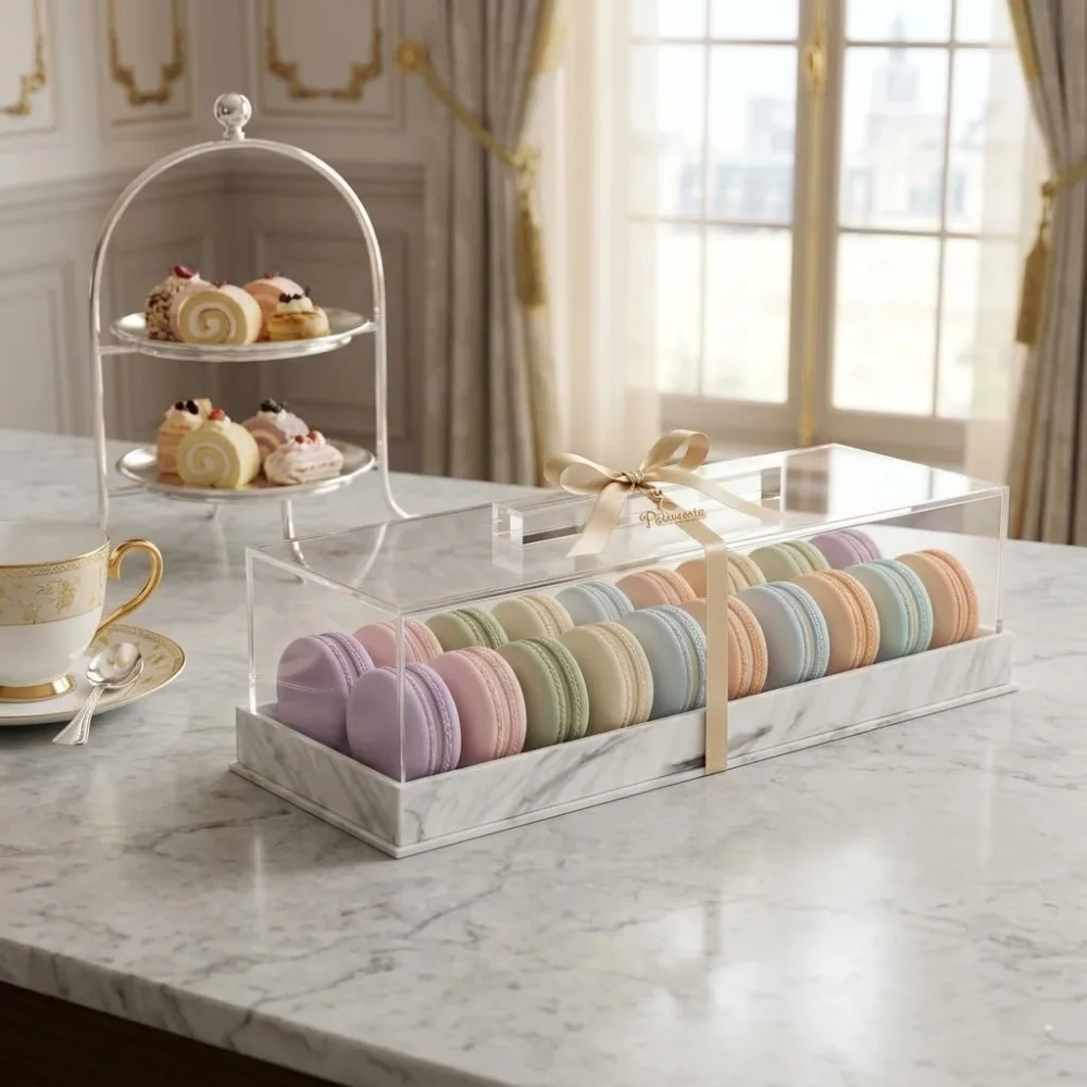 Marbled Pattern Rectangular Acrylic Bread Box Non-slip Bottom with Clear Lid Dessert Display Rack Dust-proof Cake Display Tray