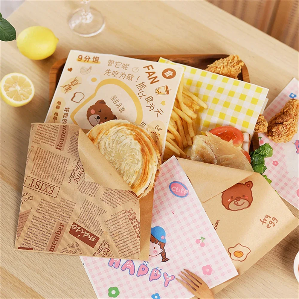 30/50PCS Cute Cartoon Square Sandwich Wrapping Paper Oil-proof Donut Toast Bread Bag Hamburger Paper Food Packing Home Pouches