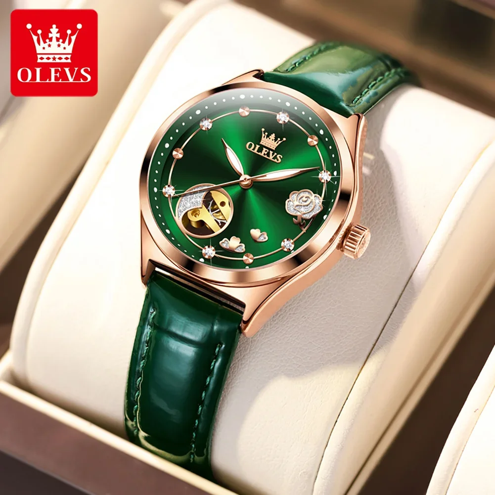 OLEVS-Reloj mecánico automático para mujer, correa de cuero con esfera de diamante, relojes de pulsera luminosos impermeables, conjunto de regalo