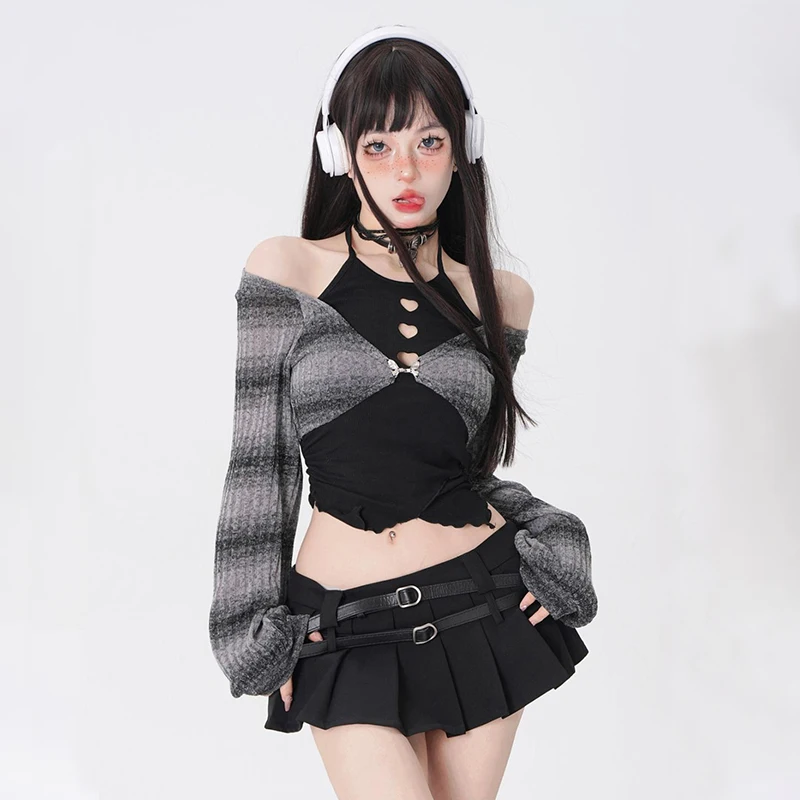 2024 Spring Autumn Two Pieces Skirt Set Women Y2k Crop Tops T-shirt + Short Skirt Japanese Kawaii Fashion Suits Chic New Korean