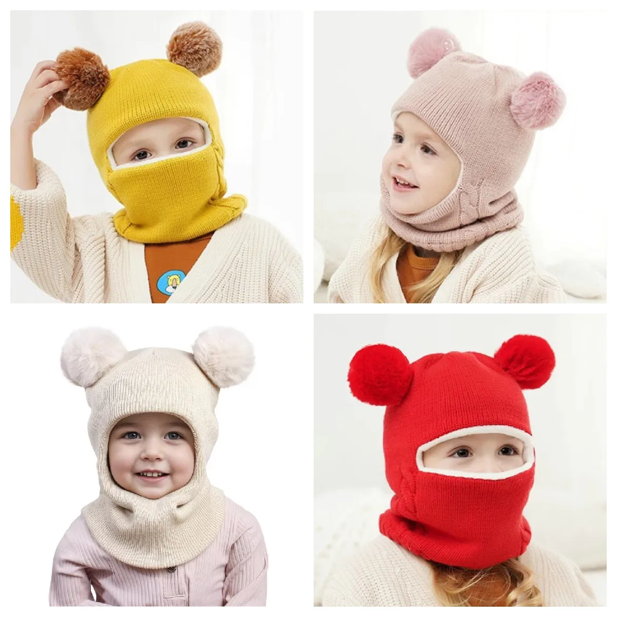 

2025 Pompom Baby Winter Hat Scarf One-piece Kids Knitted Beanie Warm Ears Neck Children Bonnet Infant Cap for Girls Boys 1-5Y