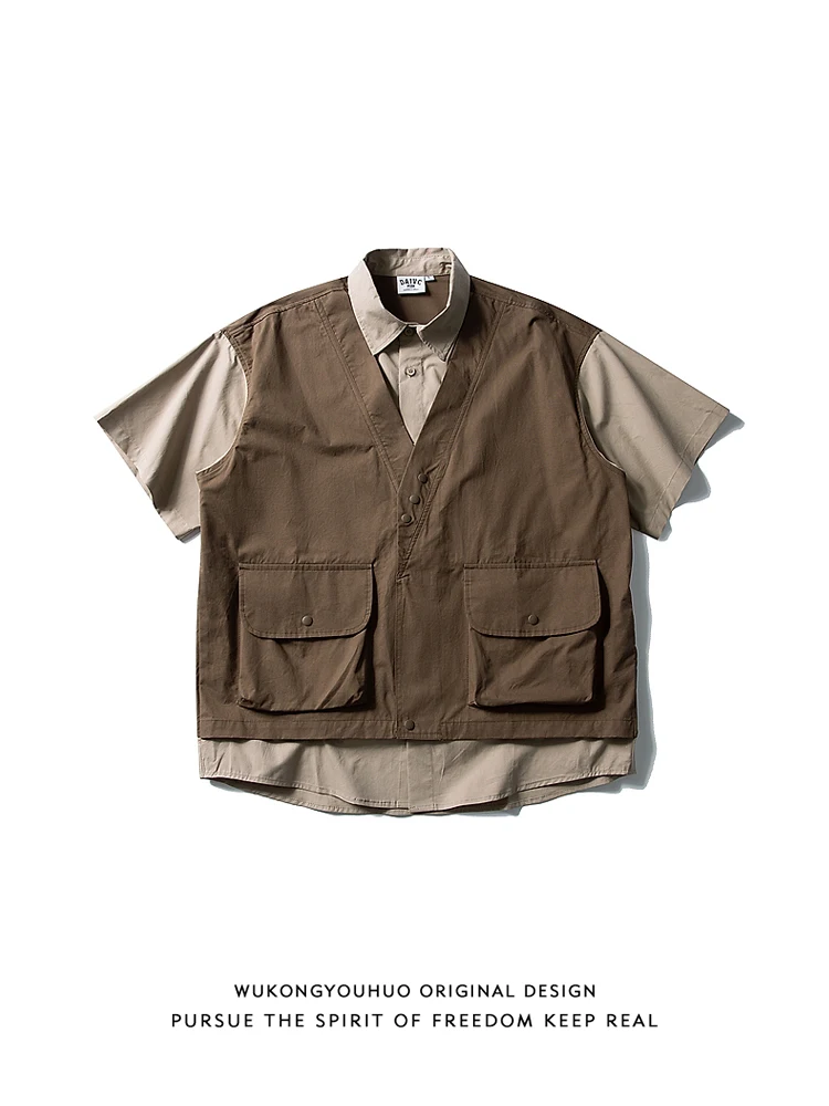 

Мужская свободная повседневная рубашка с коротким рукавом в стиле Workwear, модный винтажный японский дизайн, пэчворк, свободный крой, для отдыха, малый размер