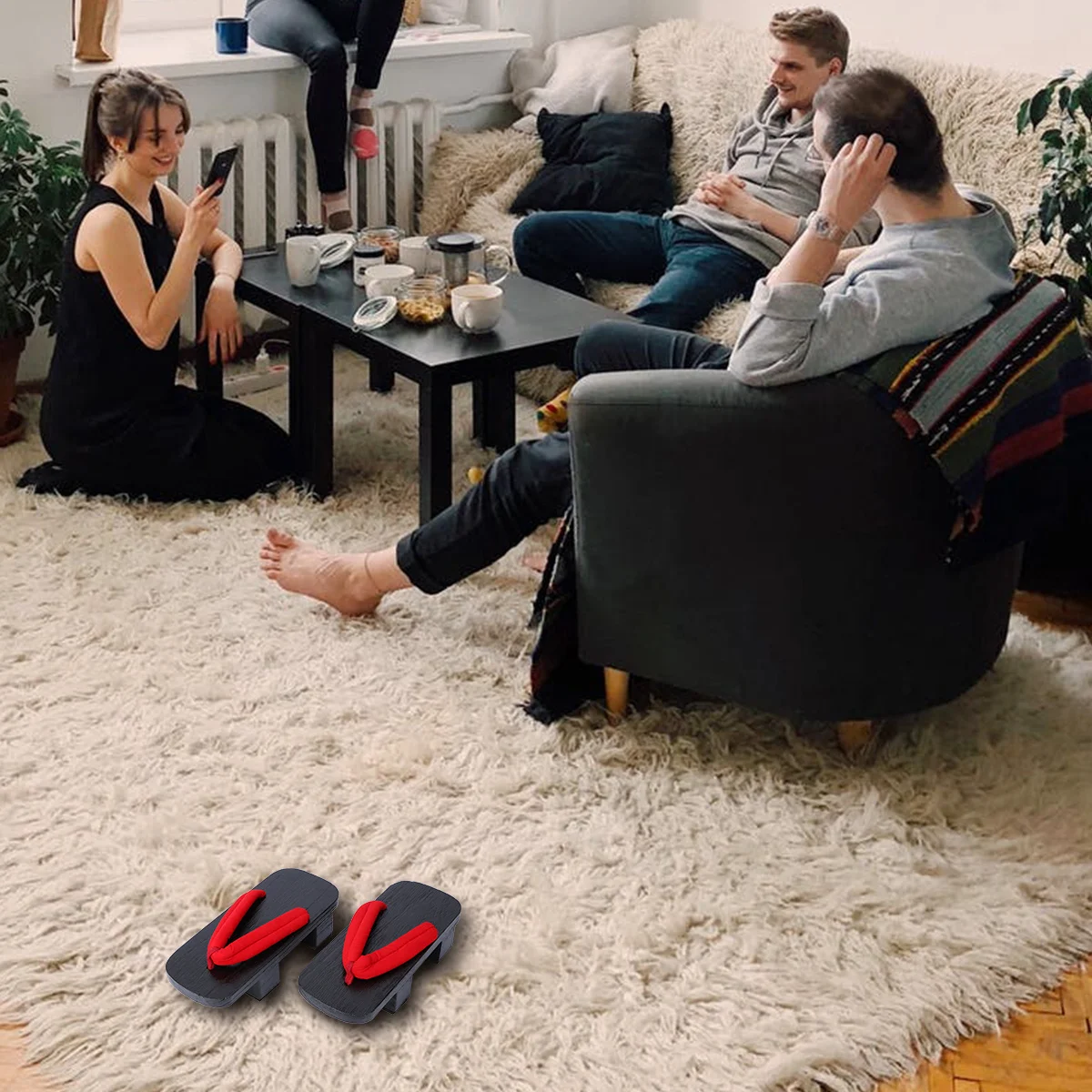 

1Pair Japan Clogs Summer Platform Sandals Red Strip Black Wood Two-Teeth Casual Slippers Size 38 23cm 6us 3.5uk 36.5eu Outdoor