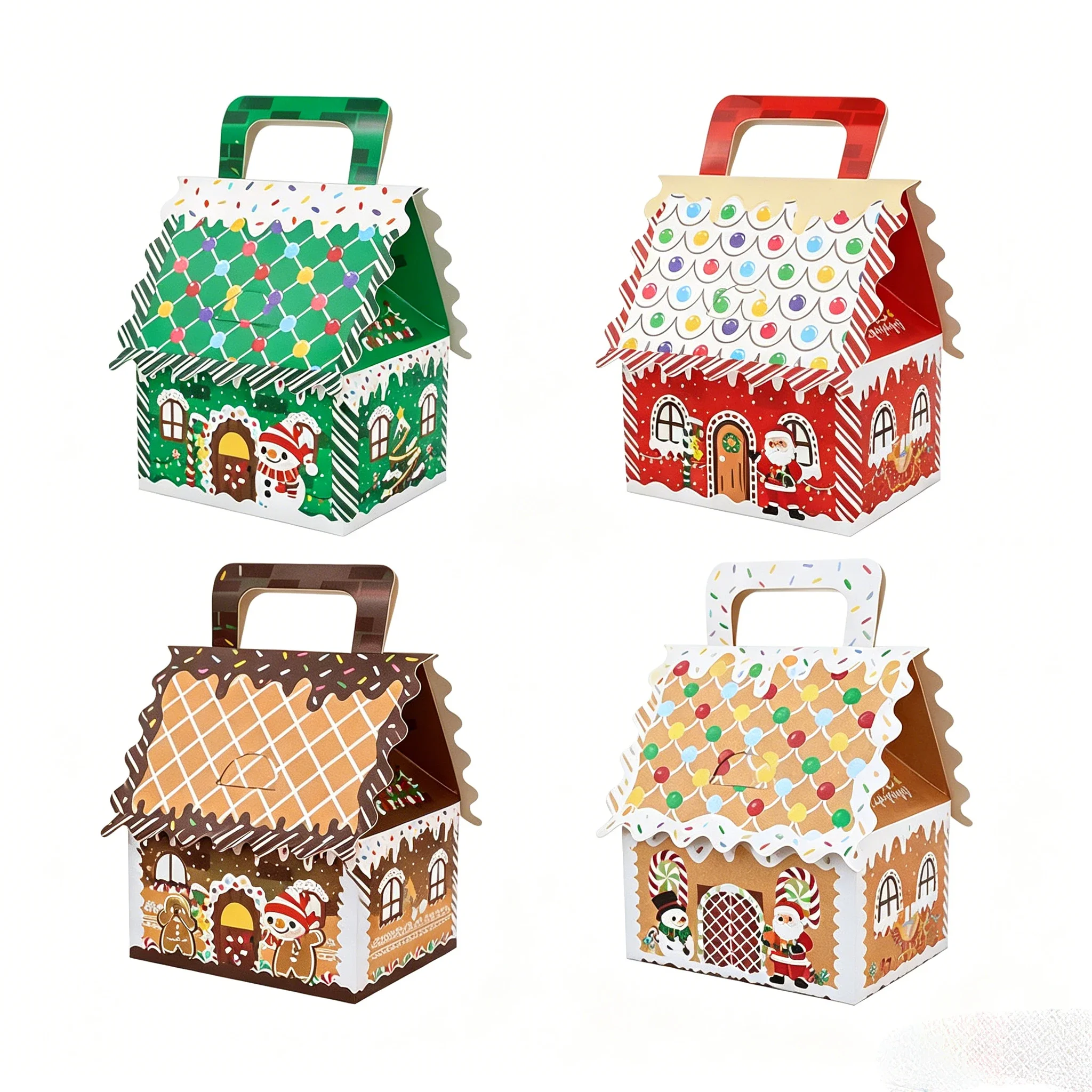 50Pcs Merry Christmas House Shape Kraft Paper Candy Boxes Portable Handheld Gift Box Party Favors Chocolate Cookie Packaging Box