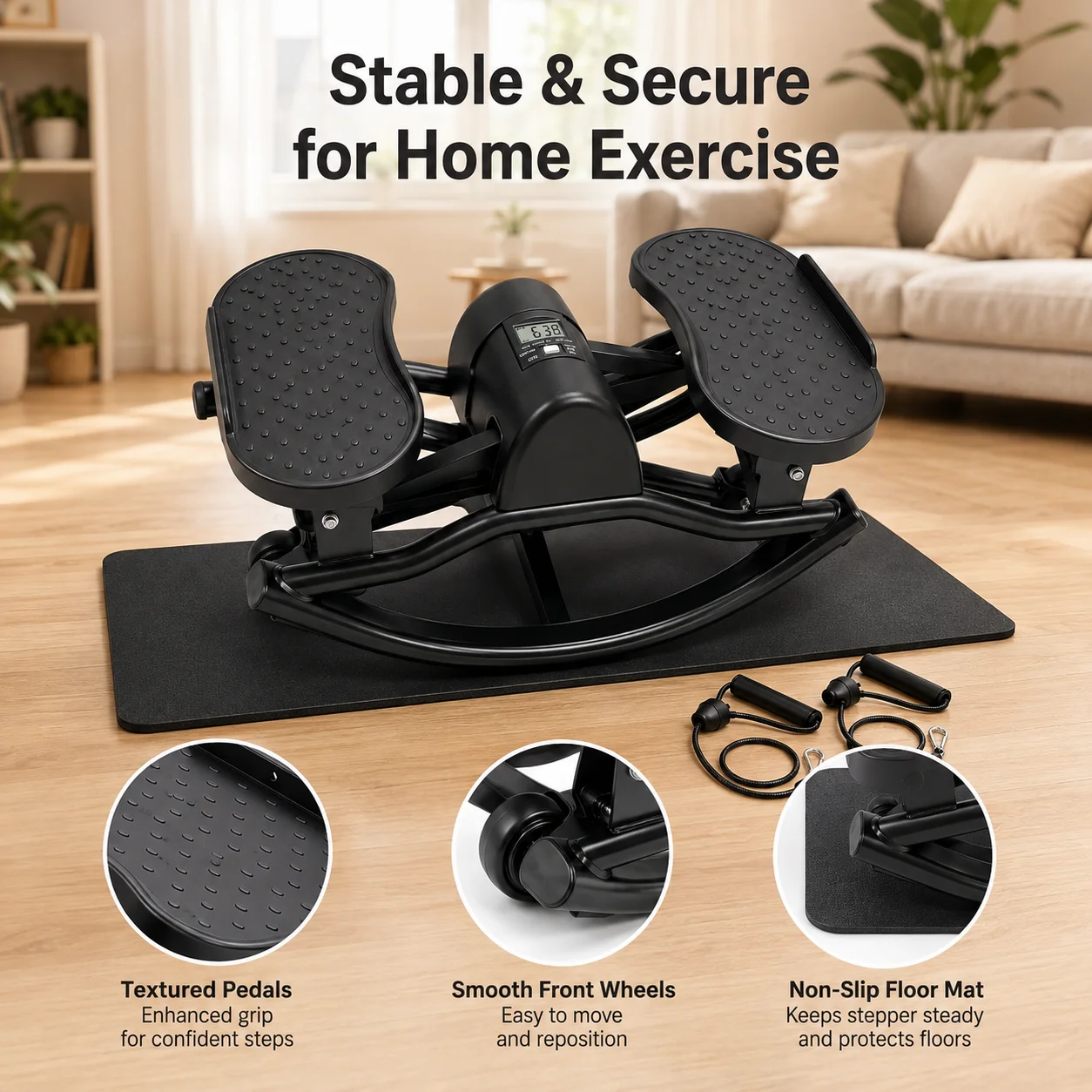 Swing Stepper Machine with Resistance Bands LCD Display Low Impact Rocking Motion Home Fitness Cardio Trainer Compact Exercise
