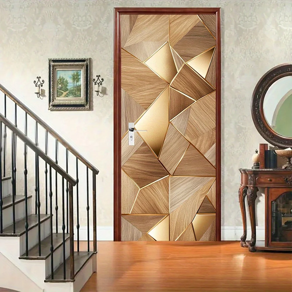 1 pair of modern geometric wood grain door mural stickers - self-adhesive, gold line wall decoration, high-end modern style home