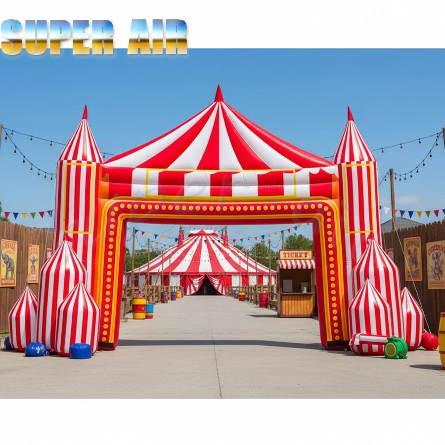 Large Inflatable Circus Tent Arch Red White Striped Carnival Entrance Gate with Blower for Party Event Decoration