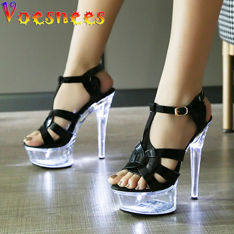 2023 New Transparent Platform High Heels Women\'s Nightclub Steel Pipe Dance Shoes Glowing LED Light Flash Party Sandales Black