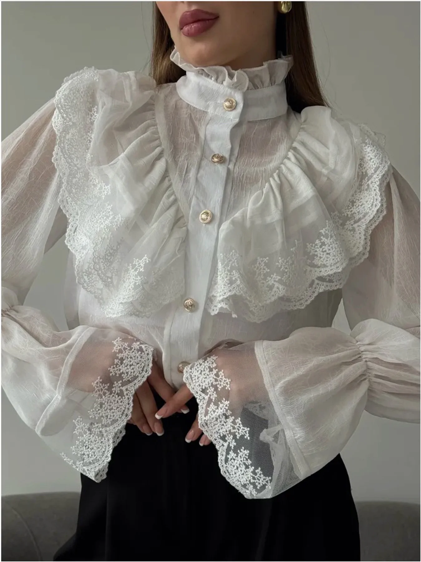 

Women's Elegant French Court Style Chiffon Shirt Stand Collar Lace Trim Ruffle Long Sleeve Airy Gauze Top Casual Spring Blouse