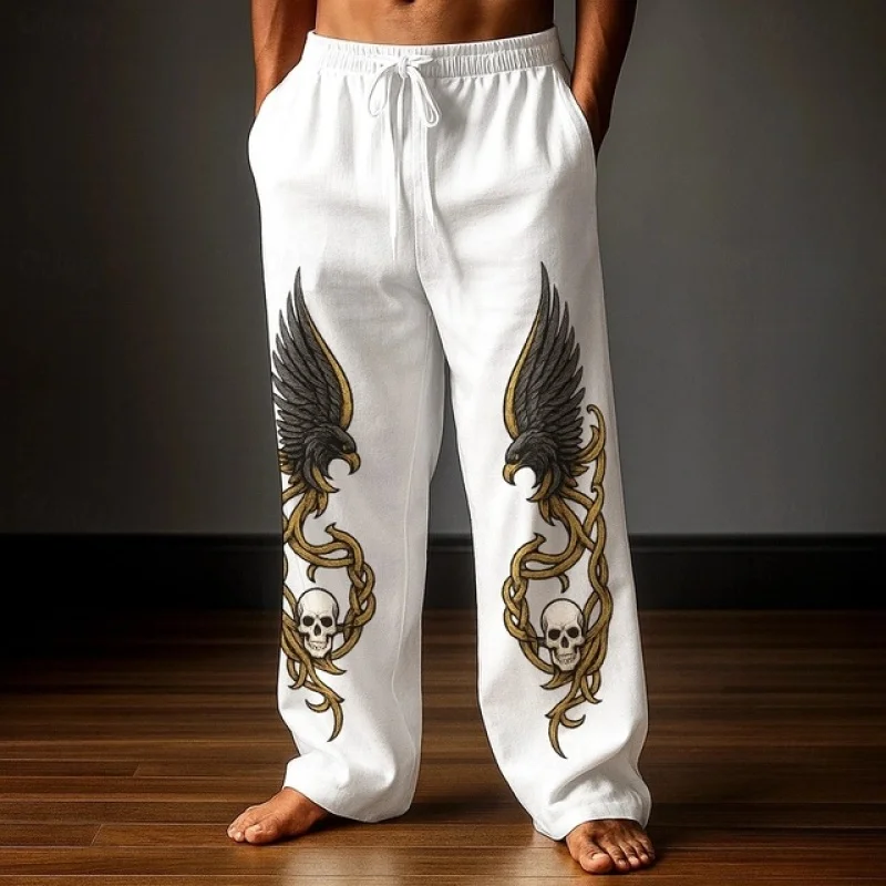 กางเกงลำลองผู้ชายลายไวกิ้งเซลติกแบบย้อนยุค ลายหมาป่า พิมพ์ลาย 3 มิติ กางเกงขายาวทรงตรง มีเชือกผูก เหมาะสำหรับใส่ไปเที่ยวทะเล ไซส์ S-5XL