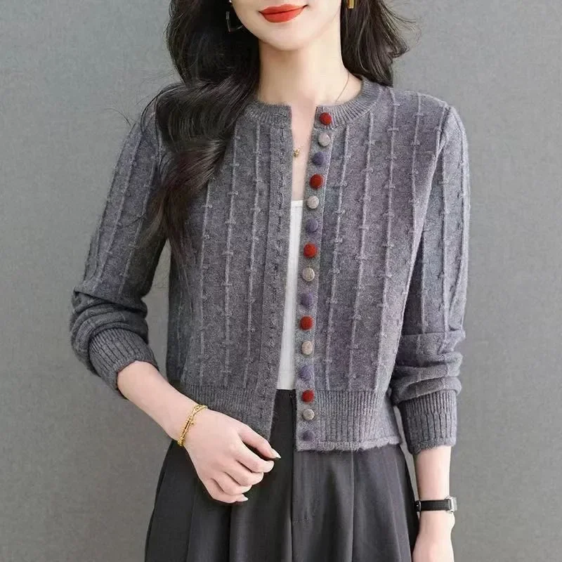 

Pearl Buttons Glitter Vintage Long Sleeve Knitted Cardigan V-neck 2023 New Korean Fashion Solid Coats Thin Top Casual Jacket