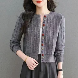 Pearl Buttons Glitter Vintage Long Sleeve Knitted Cardigan V-neck 2023 New Korean Fashion Solid Coats Thin Top Casual Jacket