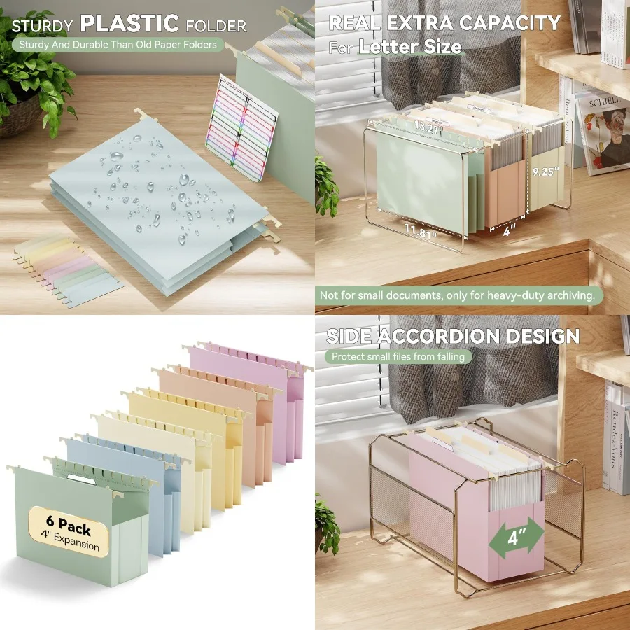 

Plastic Hanging File Folders Letter Size 6 Pack Heavy Duty 4 Expansion Extra Capacity with Tabs for Office Home School Use Idea