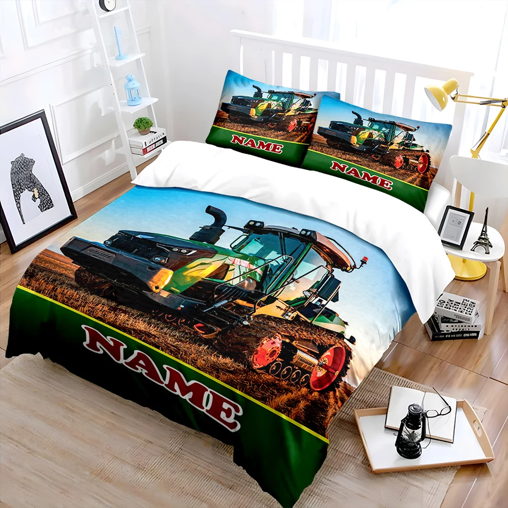 

3PC Custom Name Farm Tractor Printed Bedding Set Cartoon Anime Duvet Cover Comforter Pillowcase Boys Girls Children Adults King