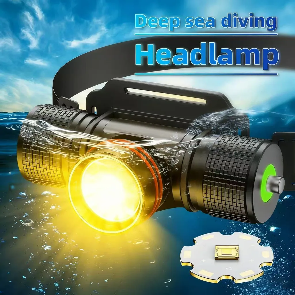 New Diving Headlamp, Yellow & White Laser LED Waterproof Head Light, High Brightness Rechargeable Underwater Headlight