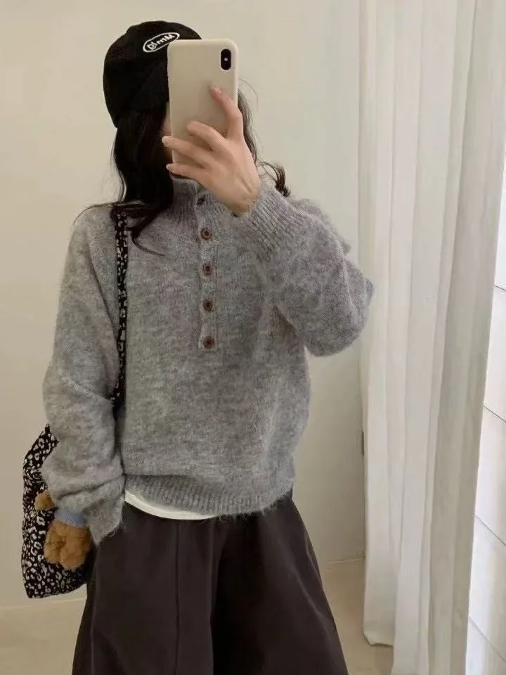 

Korean Sle High Collar Loose Fit Women's Knitted Sweater Soft Cozy Overhead Top ort Sle Long Sve Color