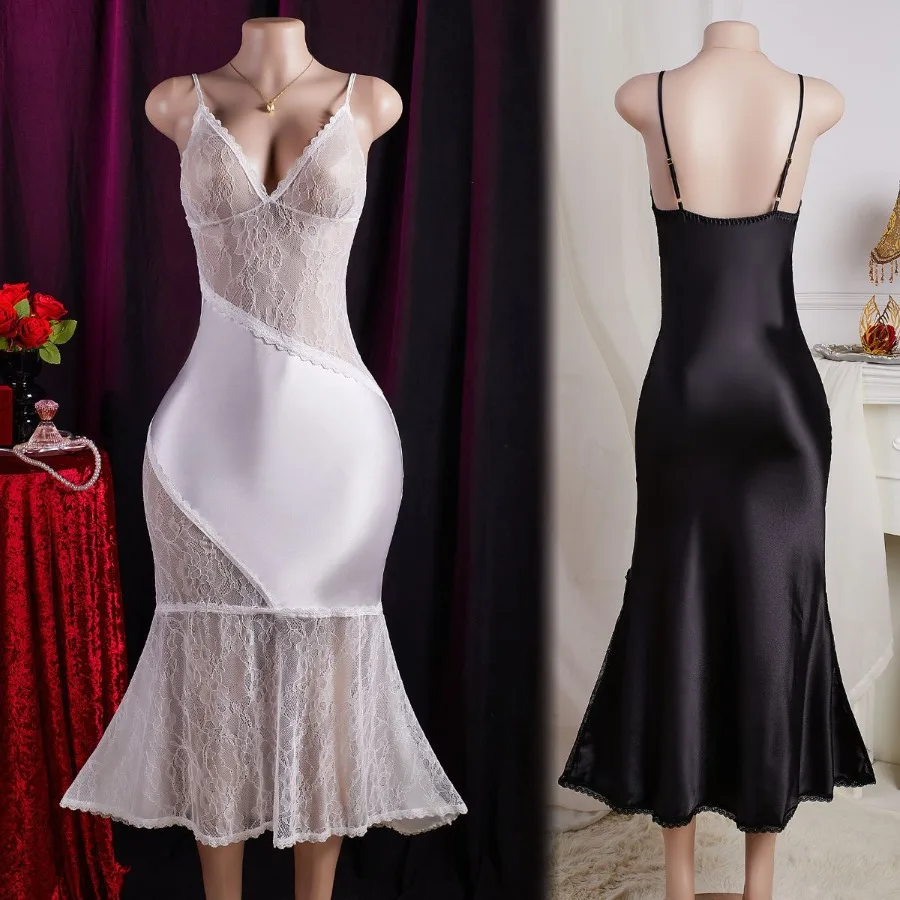 

【New style】Solid color new dress transparent sexy slim V-neck hanging skirt lace splicing sleeveless dress