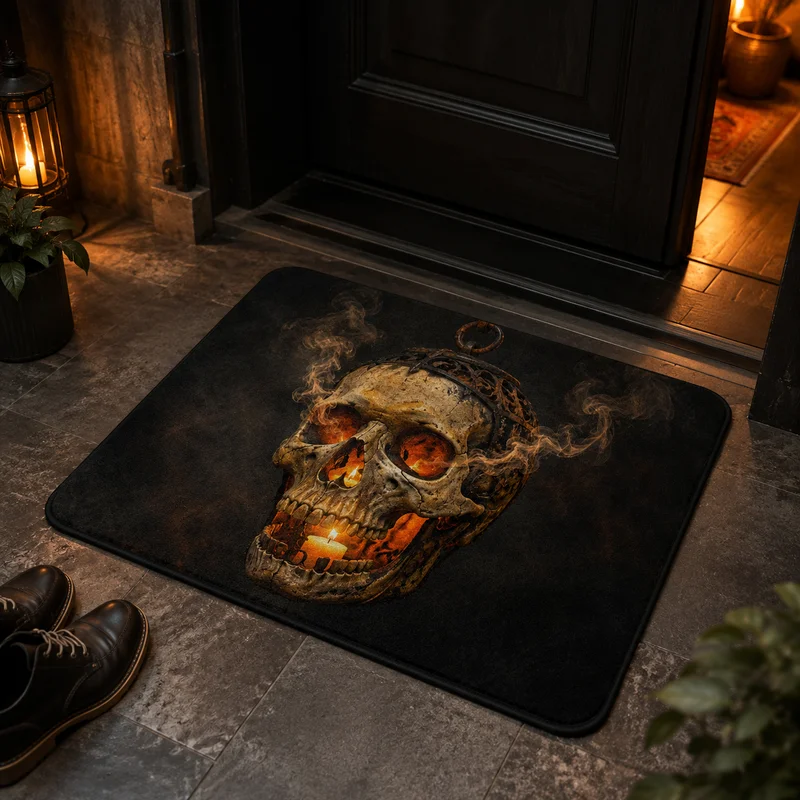 VIKAMA Halloween Skull and Bat Welcome Mat, Washable Non-Slip Bath Door Mat, Kitchen Bedroom Rug, Holiday Home Decor