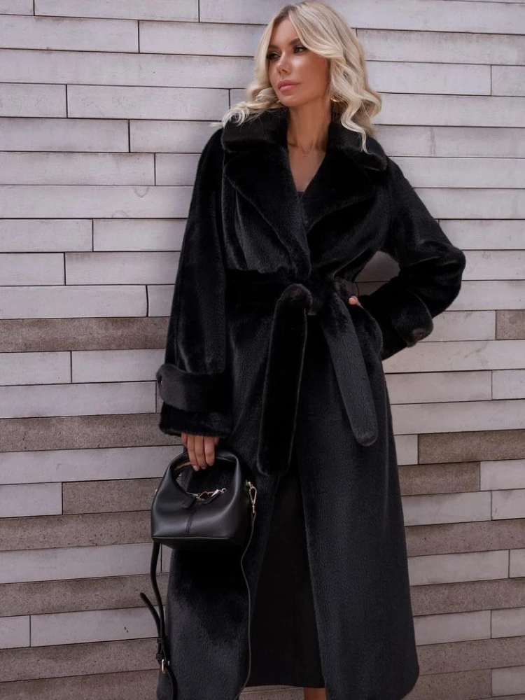 Luxury Brand Winter Faux Rabbit Fur Coat Women Long Fur Coat Thick Warm Soft Belt Trench Coat Lapel Overcoat Fluffy Jacket Trend