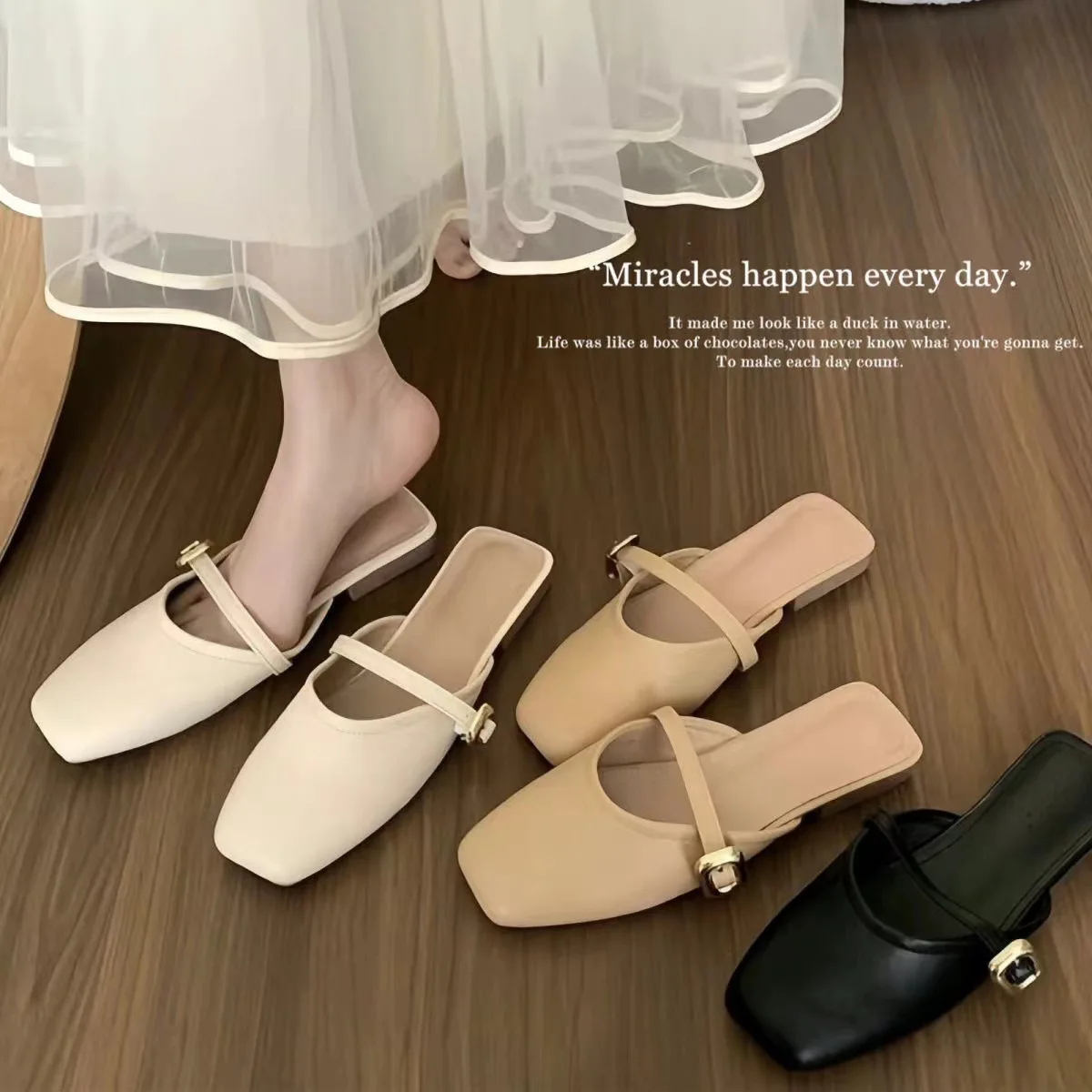 Summer New Style Flat Bottom Hollow Closed-Toe Half Slippers For Women Fashion Gold Buckle Casual Outdoor Beach Shoes Sandals